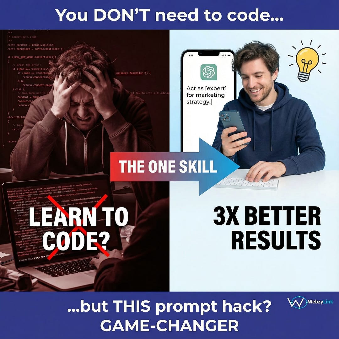A split-screen image: Left side: Frustrated person at a desk staring at chaotic code lines on a laptop screen, head in hands, dark/red tones, "LEARN TO CODE?" text overlay in big, crossed-out font. Right side: Same person smiling confidently, typing a simple "Act as [expert]" prompt into ChatGPT on phone, clean blue/green tones, lightbulb icon popping above, "3X BETTER RESULTS" bold text. Center divider: Bold arrow pointing right labeled "THE ONE SKILL." Text Overlay (Minimal, Punchy) Top: "You DON'T need to code..." Bottom: "...but THIS prompt hack? GAME-CHANGER" Subtle WebzyLink logo as attached in corner.