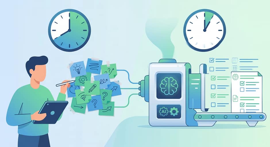 time-saving-workflows Illustration of repetitive tasks being automated through an AI-powered workflow that saves time