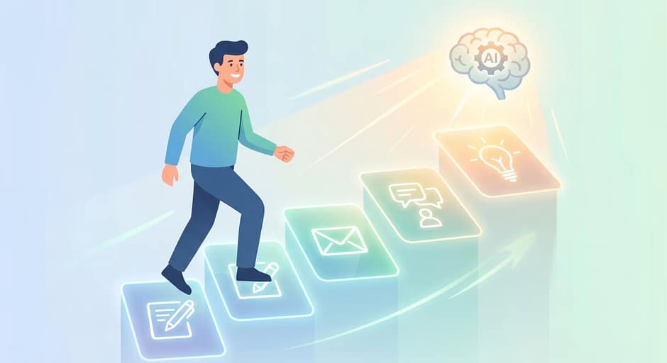 whats-coming-next Person walking up glowing steps representing blogs, emails, social posts, and ideas guided by an AI symbol