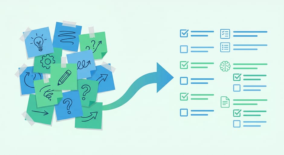 AI for productivity Diagram showing messy notes turning into a clear outline or plan with AI