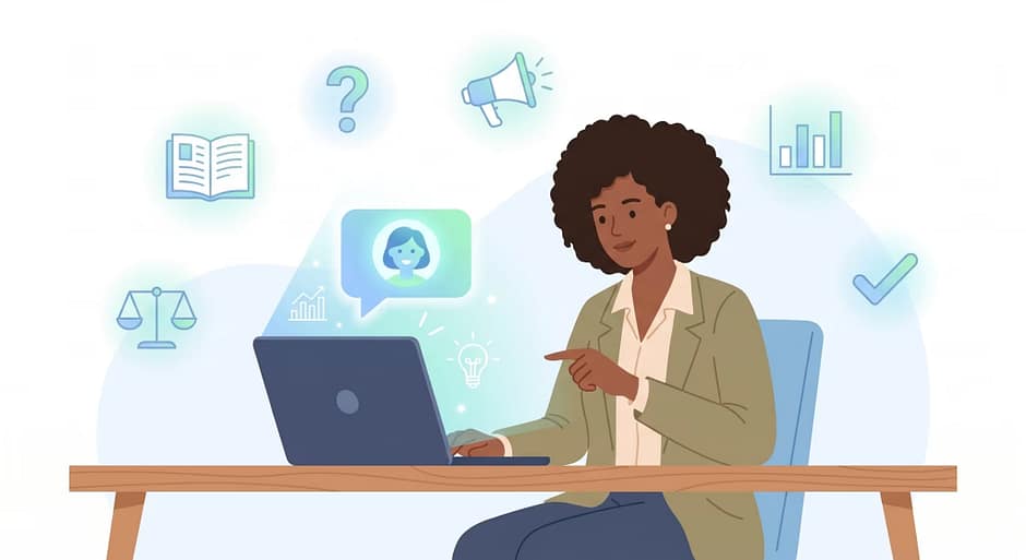 practical ways to use AI Human coworker getting friendly explanations and ideas from an AI assistant on a laptop screen.