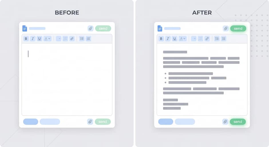 AI writing assistant Illustration showing AI turning a blank document into a drafted email or post.