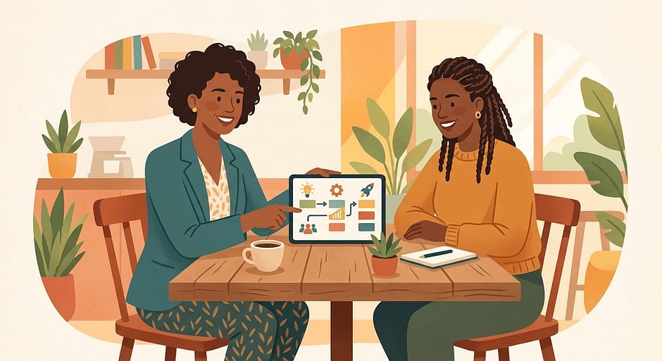 the-webzylink-way Consultant and small business owner reviewing a simple digital plan together on a tablet
