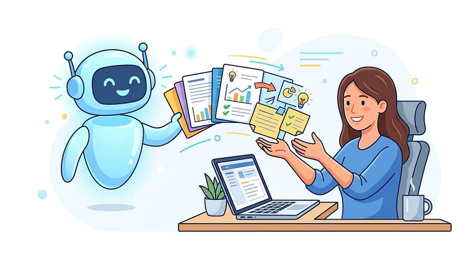Person at a laptop receiving organized ideas and notes from a simple, friendly AI assistant icon
