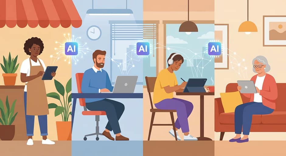 who-this-blog-is-for Small shop owner, marketer, freelancer, and non-techie using devices connected by subtle AI icons