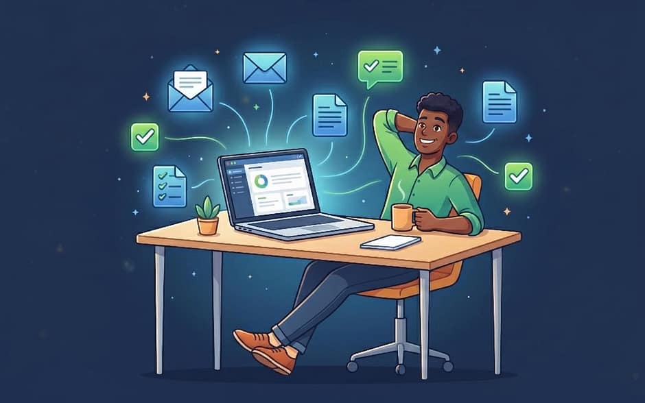 ready-to-use-prompts Laptop screen showing organized cards for email prompts, social posts, blog outlines, and customer reply templates suggested by AI